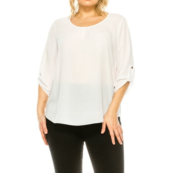 Women's Plus Size Casual Round Neck Top with Button Tab Sleeve