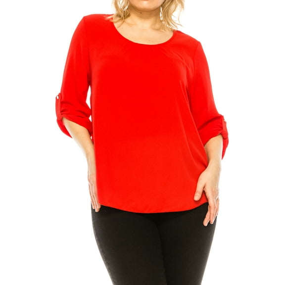 Women's Plus Size Casual Round Neck Top with Button Tab Sleeve