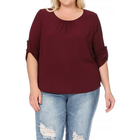 Women's Plus Size Casual Round Neck Top with Button Tab Sleeve