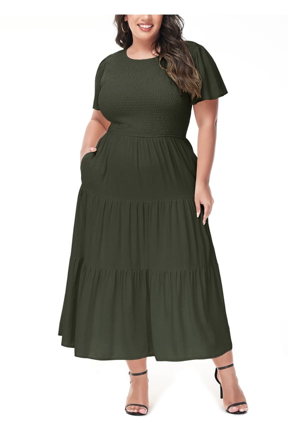 Women's Plus Size Casual Round Neck Flutter Short Sleeve Elastic Waist Flowy Ruffle Tiered Maxi Dress, Army Green, 2X-Large
