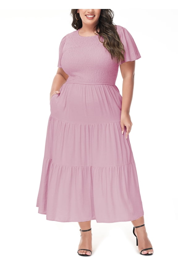 Women's Plus Size Casual Round Neck Flutter Short Sleeve Elastic Waist Ruffle Tiered A Line Flattering Dress with Pockets, Pink, 2X-Large