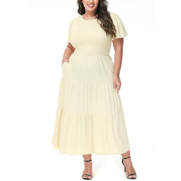 Women's Plus Size Casual Round Neck Solid Color Flutter Short Sleeve Elastic Waist Flowy Ruffle Tiered Maxi Dress, Beige, 2X-Large