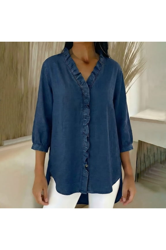 Women's Plus Size Casual Shirt, Denim Style V Neck Ruffled Edge Blouse, Loose Fit Button Down Tunic Top for Daily Wear, Office, and Boho Outfits Dark Blue XXXL