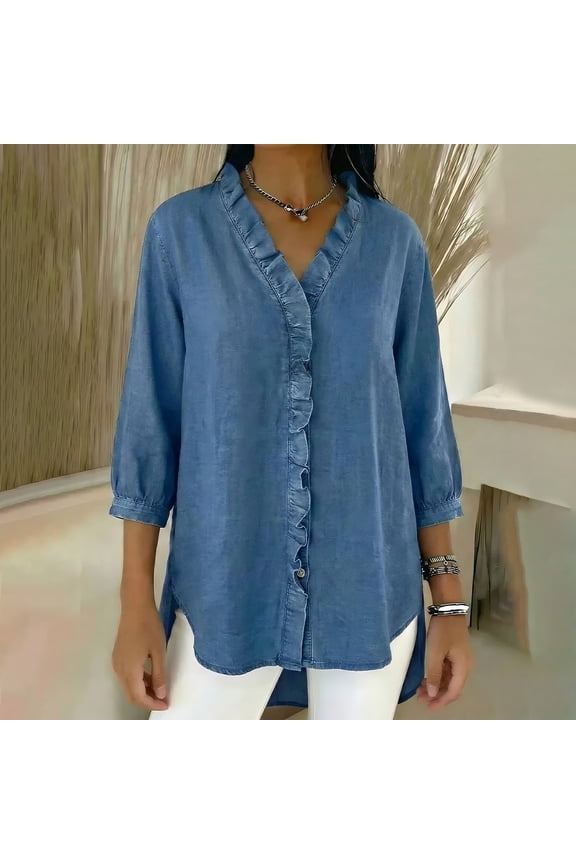 Women's Plus Size Casual Shirt, Denim Style V Neck Ruffled Edge Blouse, Loose Fit Button Down Tunic Top for Daily Wear, Office, and Boho Outfits Light Blue XXXL