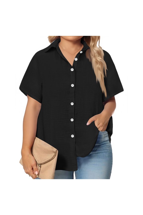 Women's Plus Size Casual Shirt, Short Sleeve Button Front Elegant Blouse, Smart Office Wear for Work or Professional Environments, Black - 5XL