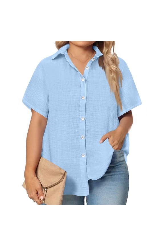 Women's Plus Size Casual Shirt, Short Sleeve Button Front Elegant Blouse, Smart Office Wear for Work or Professional Environments, Light Blue - XL