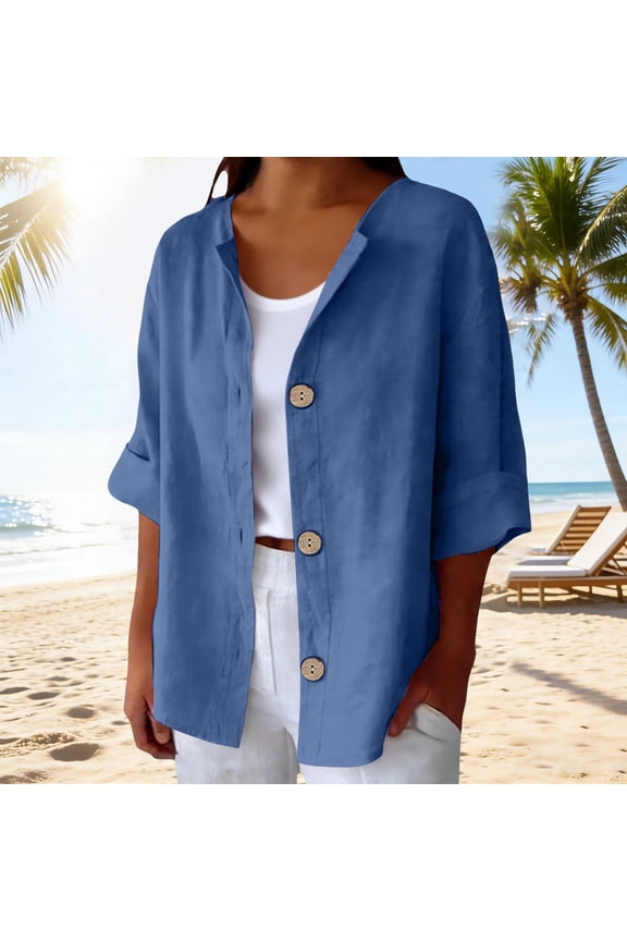 Women's Plus Size Casual Shirt, Solid Color Button Down Linen Blouse with 3/4 Sleeve, Comfortable and Relaxed Fit Top for Everyday Wear as a Shirt or Light Jacket Blue XXXXL