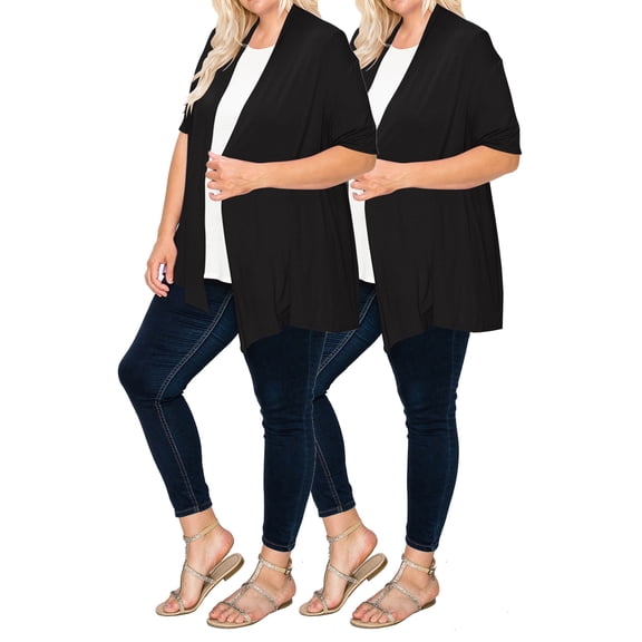 Women's Plus Size Casual Short Sleeve Loose Fit Solid Draped Open Cardigan (Pack of 2)