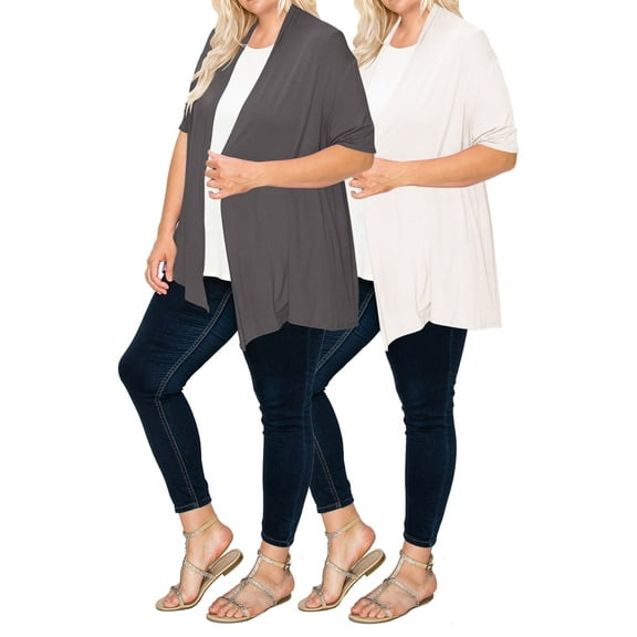 Women's Plus Size Casual Short Sleeve Loose Fit Solid Draped Open Cardigan (Pack of 2)