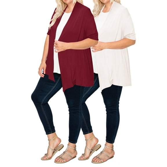 Women's Plus Size Casual Short Sleeve Loose Fit Solid Draped Open Cardigan (Pack of 2)