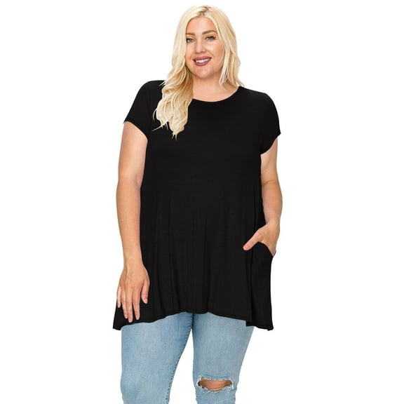 MOA COLLECTION Women's Plus Size Casual Short Sleeve Loose Solid Tunic Top