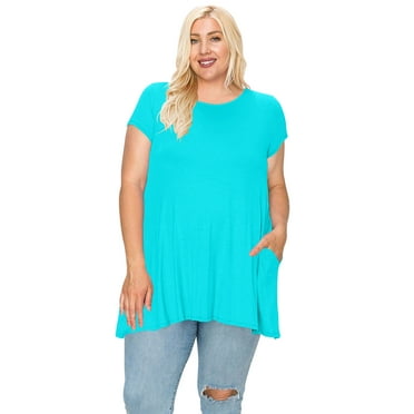 MOA COLLECTION Women's Plus Size Casual Short Sleeve Loose Solid Tunic Top