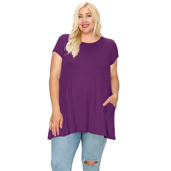 MOA COLLECTION Women's Plus Size Casual Short Sleeve Loose Solid Tunic Top