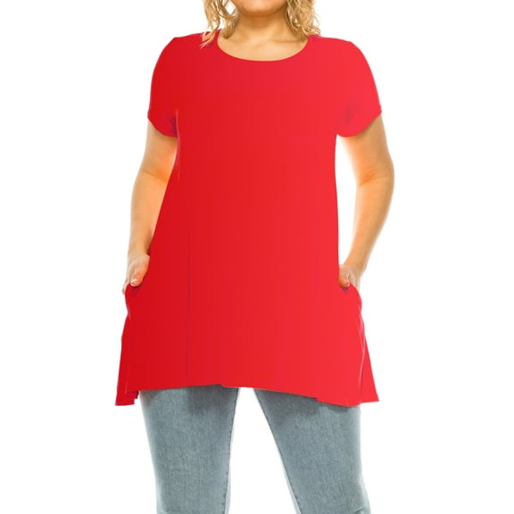 Women's Plus Size Casual Solid Short Sleeve Round Neck Tunic Tops with Side Pockets