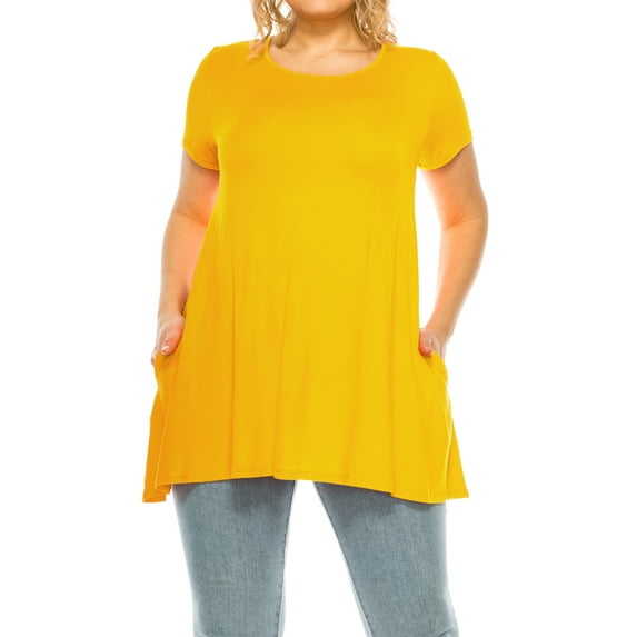 Women's Plus Size Casual Solid Short Sleeve Round Neck Tunic Tops with Side Pockets