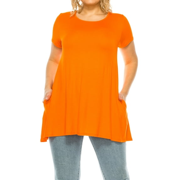 Women's Plus Size Casual Solid Short Sleeve Round Neck Tunic Tops with Side Pockets