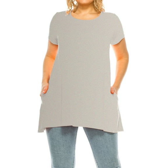 Women's Plus Size Casual Solid Short Sleeve Round Neck Tunic Tops with Side Pockets