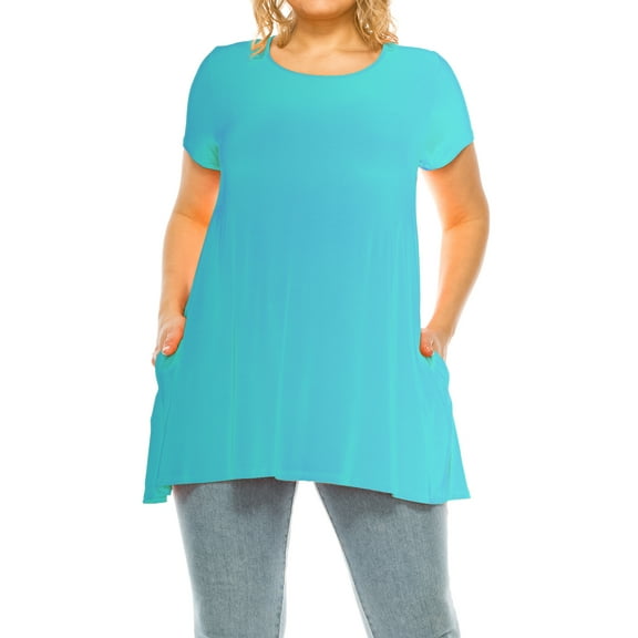 Women's Plus Size Casual Solid Short Sleeve Round Neck Tunic Tops with Side Pockets