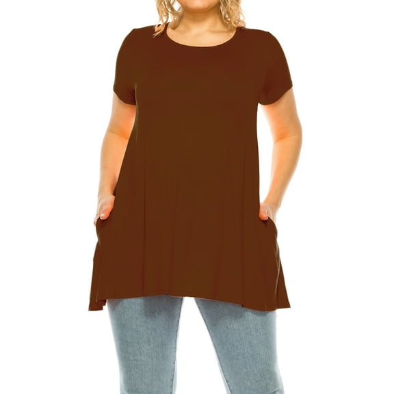 Women's Plus Size Casual Solid Short Sleeve Round Neck Tunic Tops with Side Pockets