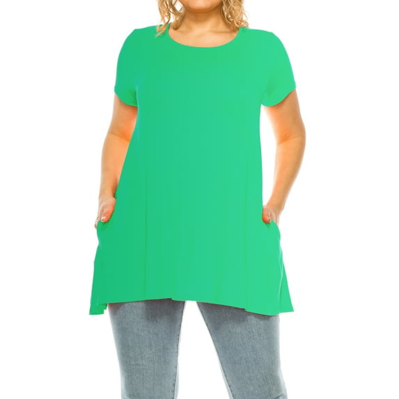 Women's Plus Size Casual Solid Short Sleeve Round Neck Tunic Tops with Side Pockets