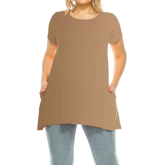 Women's Plus Size Casual Solid Short Sleeve Round Neck Tunic Tops with Side Pockets