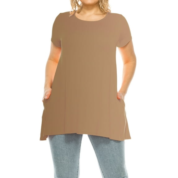 Women's Plus Size Casual Solid Short Sleeve Round Neck Tunic Tops with Side Pockets