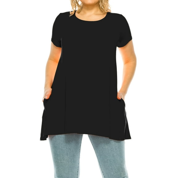 Women's Plus Size Casual Solid Short Sleeve Round Neck Tunic Tops with Side Pockets