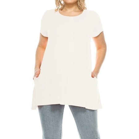 Women's Plus Size Casual Solid Short Sleeve Round Neck Tunic Tops with Side Pockets