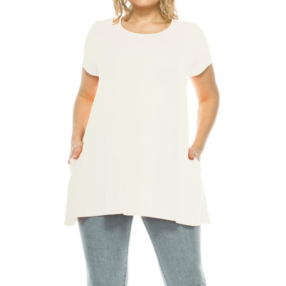 Women's Plus Size Casual Solid Short Sleeve Round Neck Tunic Tops with Side Pockets