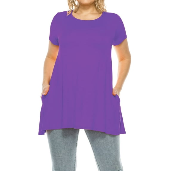 Women's Plus Size Casual Short Sleeve Round Neck Tunic Tops with Side Pockets