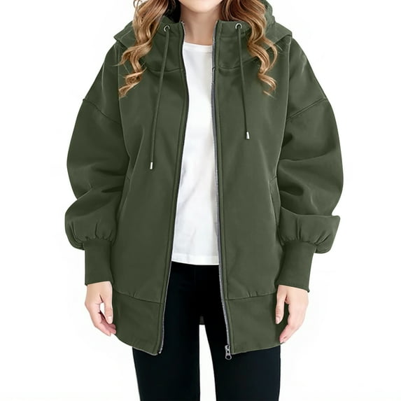 Women's Plus Size Casual Solid Color Hooded Jacket, Long-Sleeve, Army Green, Size L