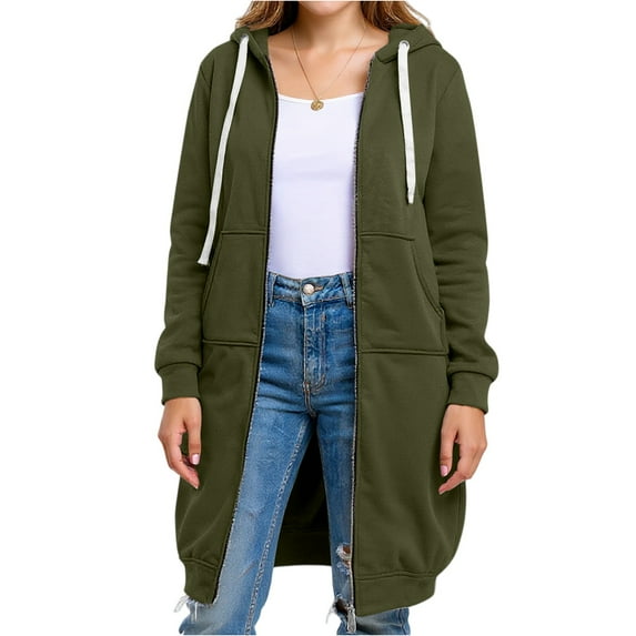 Women's Plus Size Casual Solid Color Hooded Jacket, Long-Sleeve, Army Green, Size XXXL