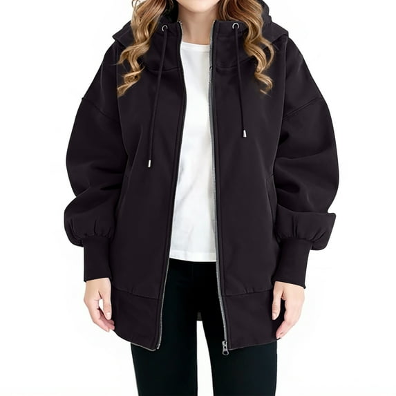 Women's Plus Size Casual Solid Color Hooded Jacket, Long-Sleeve, Black, Size XXXXL