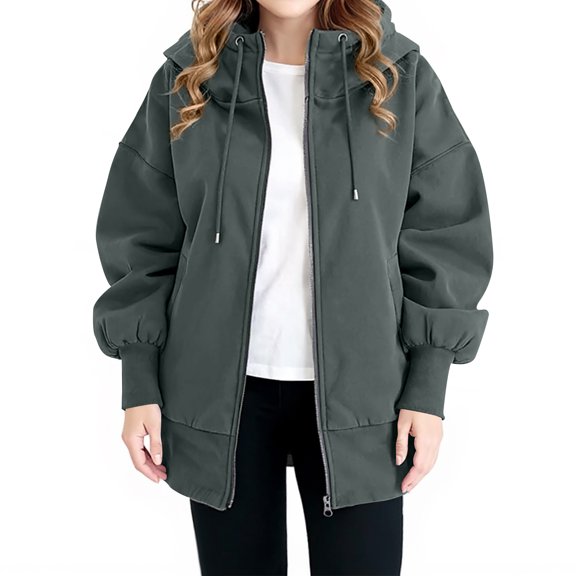 Women's Plus Size Casual Solid Color Hooded Jacket, Long-Sleeve, Dark Gray, Size XXL