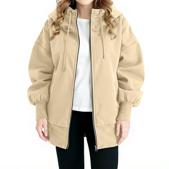 Women's Plus Size Casual Solid Color Hooded Jacket, Long-Sleeve, Khaki, Size XXXXXL