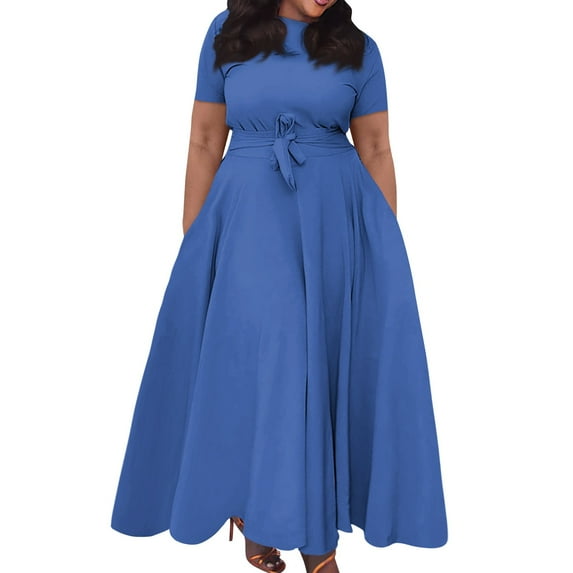 Women's Plus Size Casual Solid Color Round Neck Short Sleeve Pocket Tie-Waist Swing Dress - Blue XXXL