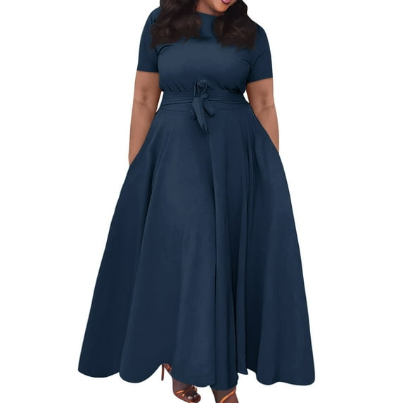 Women's Plus Size Casual Solid Color Round Neck Short Sleeve Pocket Tie-Waist Swing Dress - Navy Blue 5XL