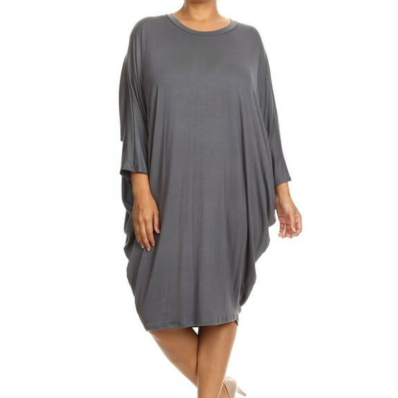 Women's Plus Size Casual Solid Loose Fit 3/4 Sleeve Dolman Sleeve Midi Dress