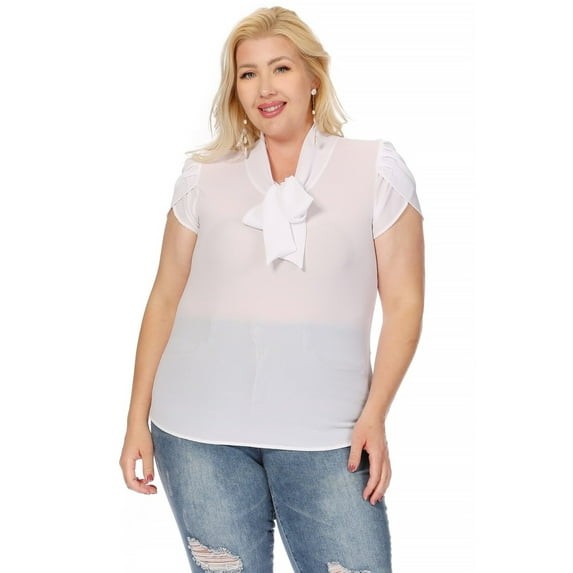 Women's Plus Size Casual Solid Petal Sleeve Bow Tie Neck Short Sleeve Blouse Shirt Top