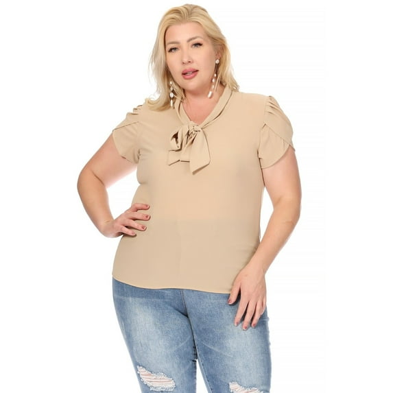Women's Plus Size Casual Solid Petal Sleeve Bow Tie Neck Short Sleeve Blouse Shirt Top