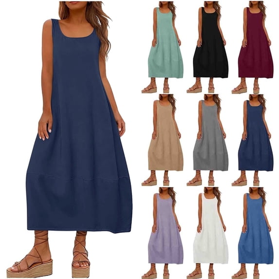Women's Plus Size Casual Summer Dresses Fashion Women Solid Round Neck Sleeveless Beach Dresses Vacation Coverup Pockets DressNavy L