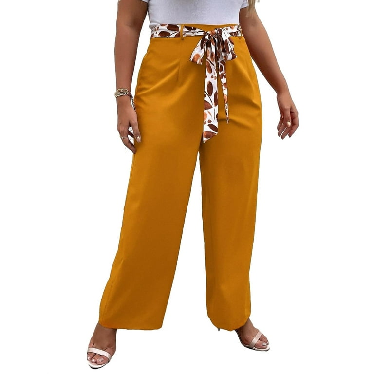 Women's Plus Size Casual Trousers High Waist Wide Leg Belted Pants