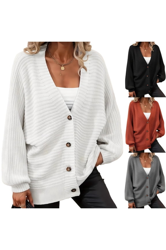 Women's Plus Size Casual White V-Neck Ribbed Knit Cardigan - Long Sleeve, Button-Down, Fall & Winter Sizes 0XL-5XL