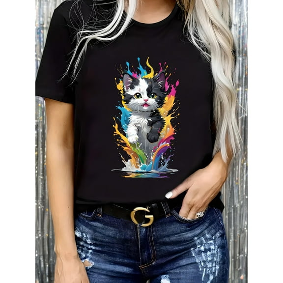 Women's Plus Size Cat Lover Tee - 100% Cotton Comfort Fit Crew Neck with Playful Feline Graphic, Breathable Spring/Summer Essential