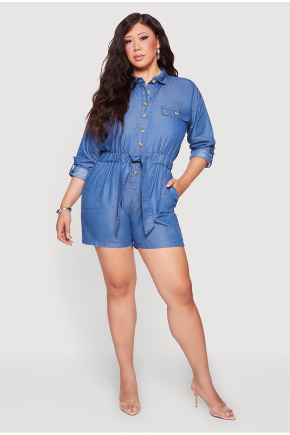Women's Plus Size Chambray Button Front Tie Waist Belted Romper