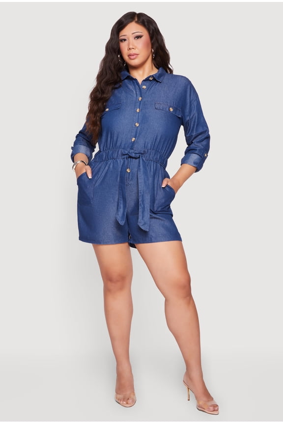 Women's Plus Size Chambray Button Front Tie Waist Belted Romper