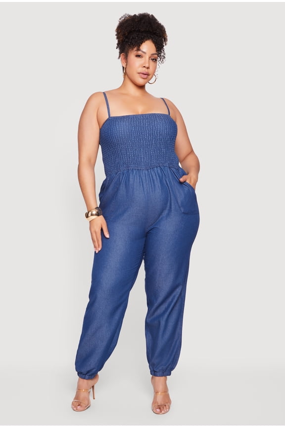 Women's Plus Size Chambray Smocked Square Neck Jumpsuit