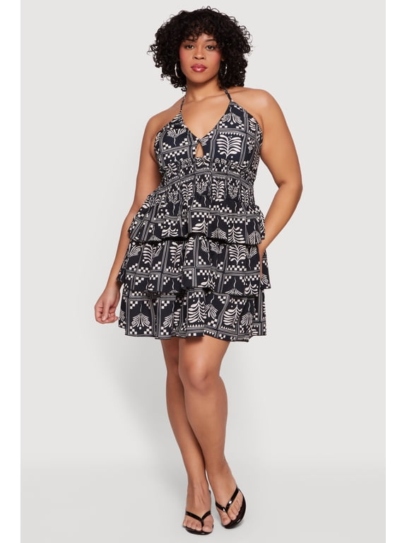 Women's Plus Size Checkered Leaf Print Tiered Ruffle Halter Mini Dress