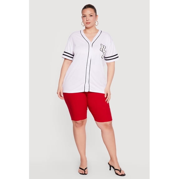 Women's Plus Size Chenille NY Patch Graphic Varsity Stripe Baseball Jersey