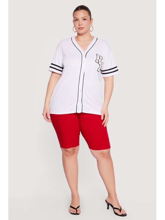 Women's Plus Size Chenille NY Patch Graphic Varsity Stripe Baseball Jersey